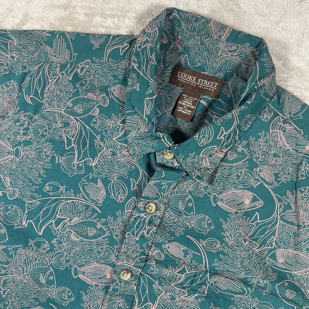 Cooke Street Hawaiian Button Shirt‎ Men's XL Teal Tropical Fish Made in Hawaii